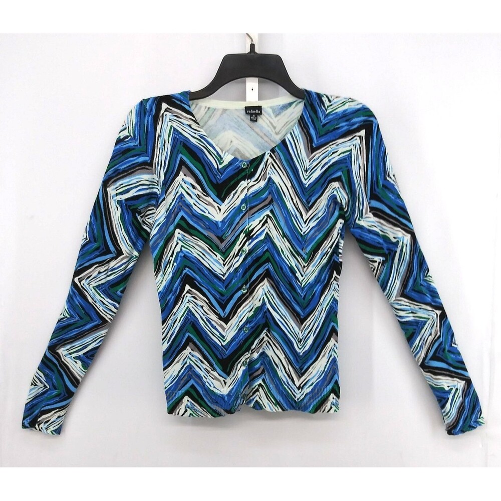Rafaella Sweater Women Size S Blue Black Abstract Chevron Button Up Cardigan Top